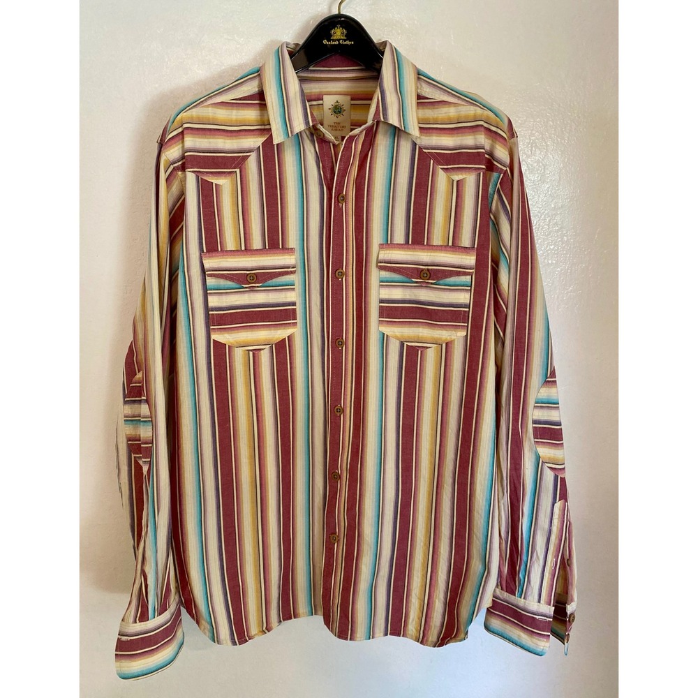 The Territory Ahead Mens XL Western Shirt Cotton Striped Elbow Patch Multi Color